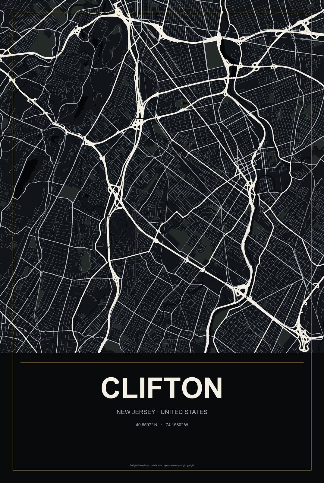 Clifton, New Jersey City Map Aluminum Sign in Metropolitan Noir style