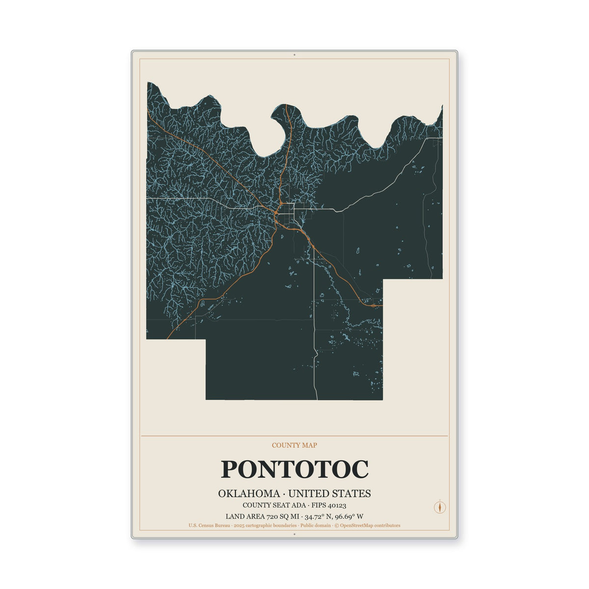 Pontotoc County, Oklahoma Map Aluminum Sign in Headline Atlas style