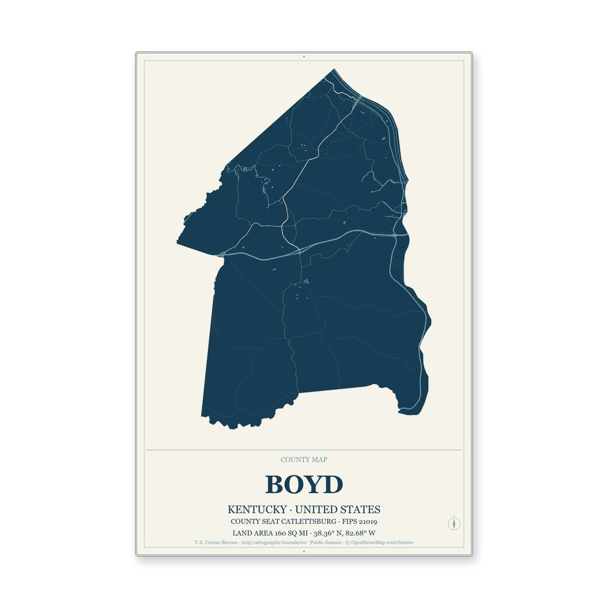 Boyd County, Kentucky Map Aluminum Sign in Coastal Cutout style