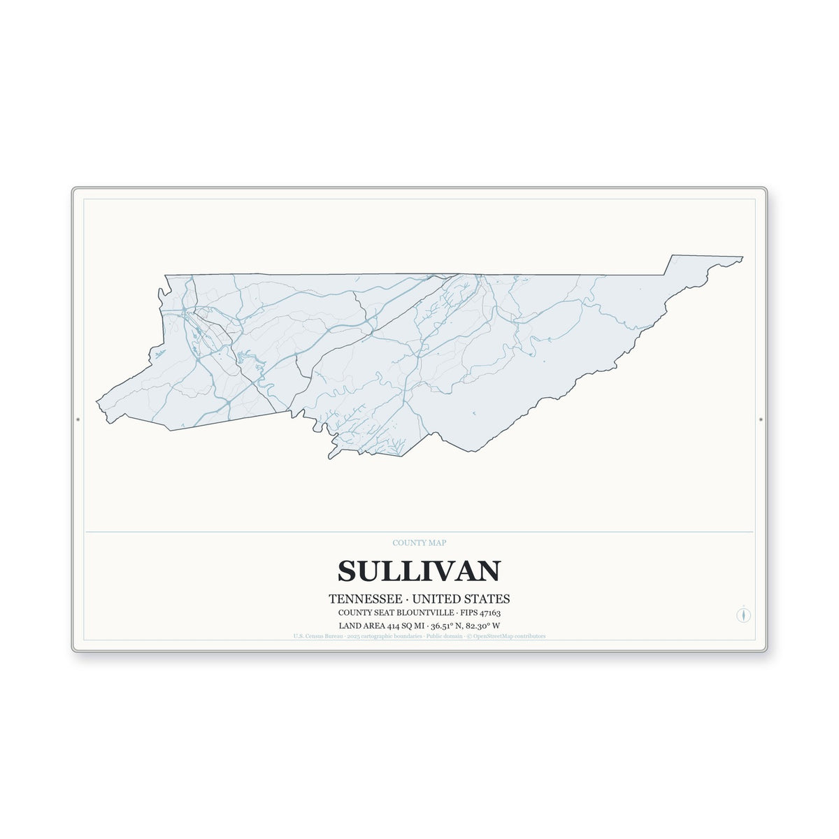 Sullivan County, Tennessee Map Aluminum Sign in Gallery Air style