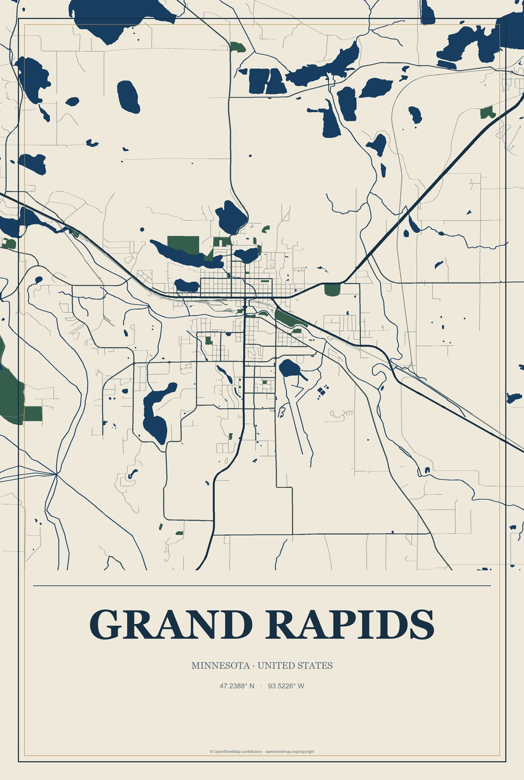 Grand Rapids, Minnesota City Map Aluminum Sign in Coastal Cutout style