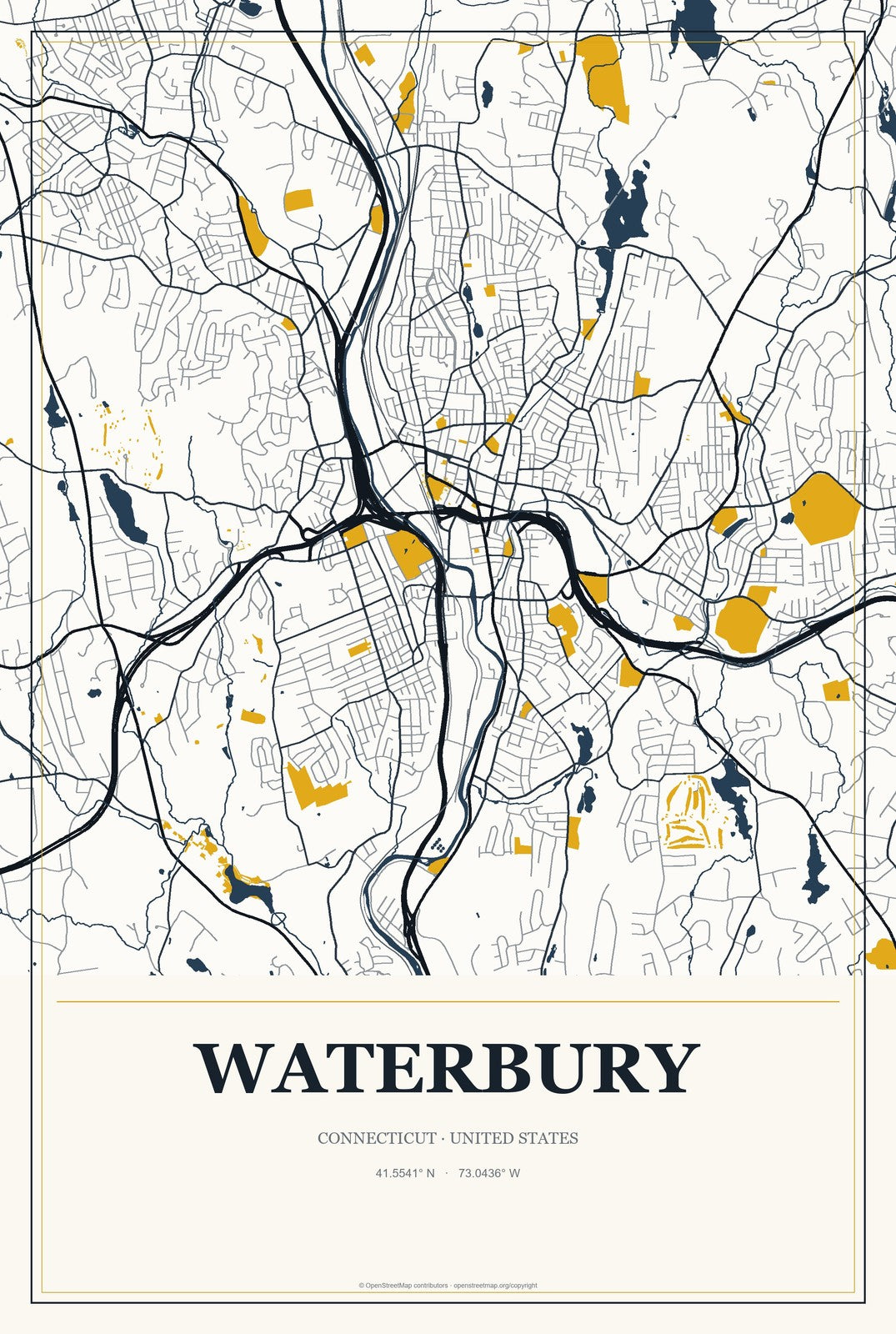 Waterbury, Connecticut City Map Aluminum Sign in Citrine Modern style