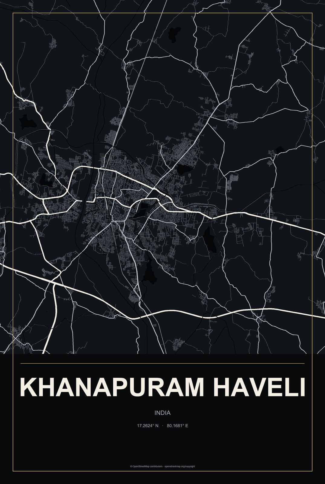 Khanapuram Haveli, India City Map Aluminum Sign in Metropolitan Noir style