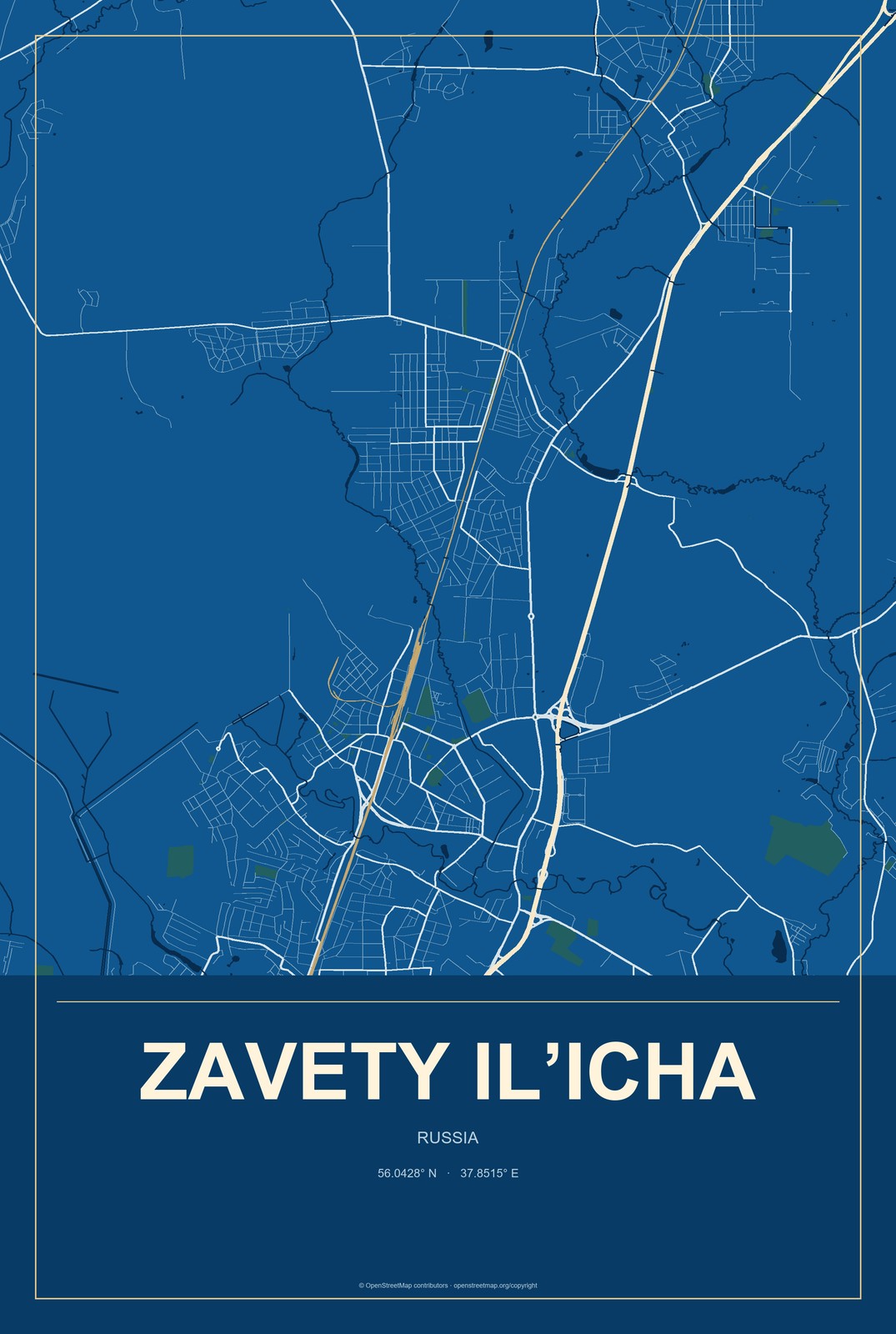 Zavety Il’icha, Russia City Map Aluminum Sign in Harbor Cobalt style