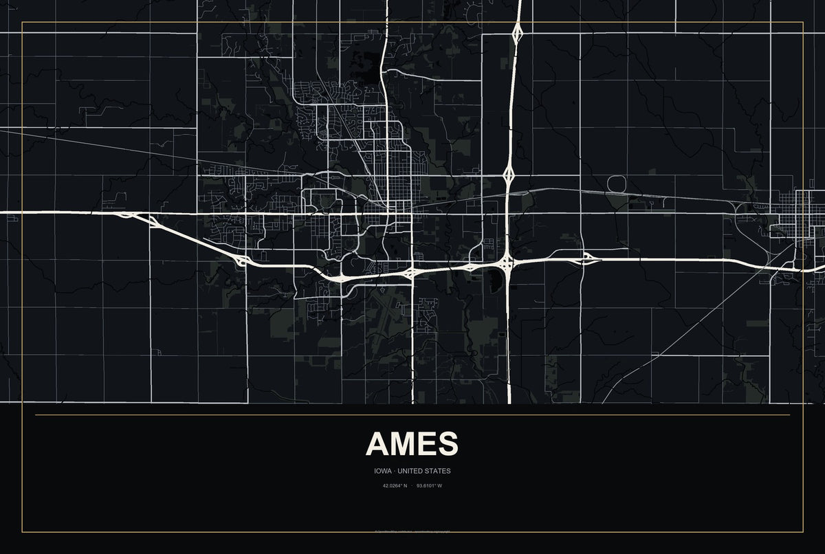 Ames, Iowa City Map Aluminum Sign in Metropolitan Noir style