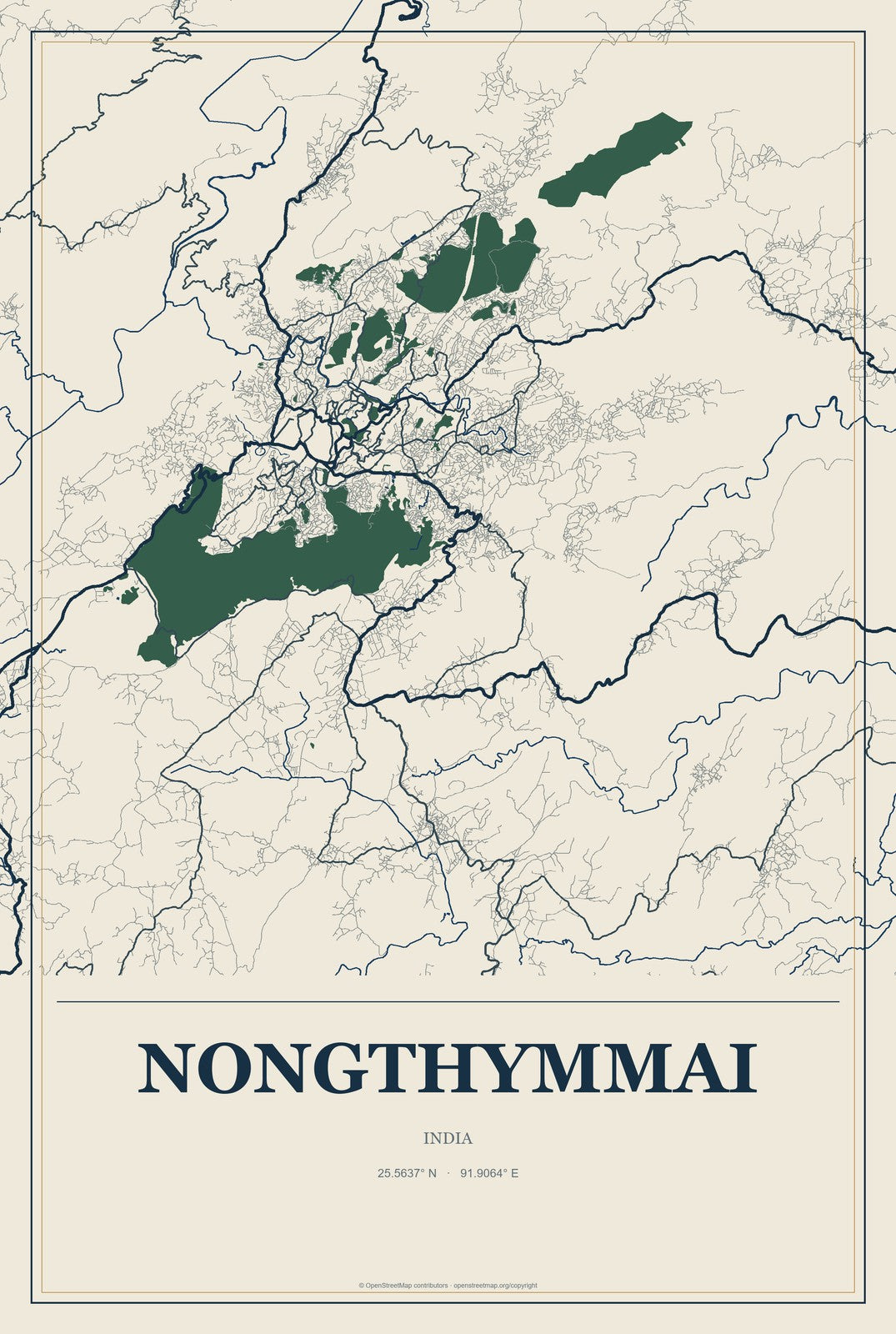 Nongthymmai, India City Map Aluminum Sign in Coastal Cutout style