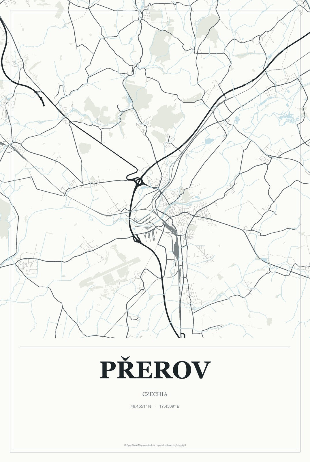 Přerov, Czechia City Map Aluminum Sign in Gallery Air style