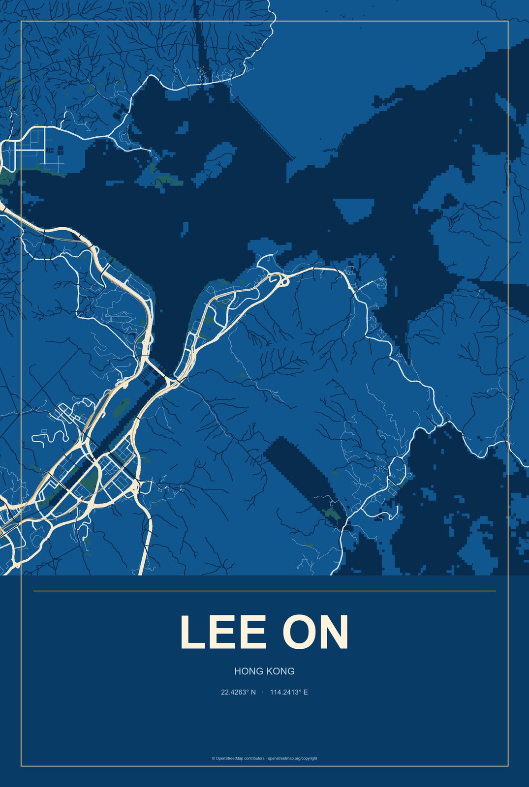 Lee On, Hong Kong City Map Aluminum Sign in Harbor Cobalt style