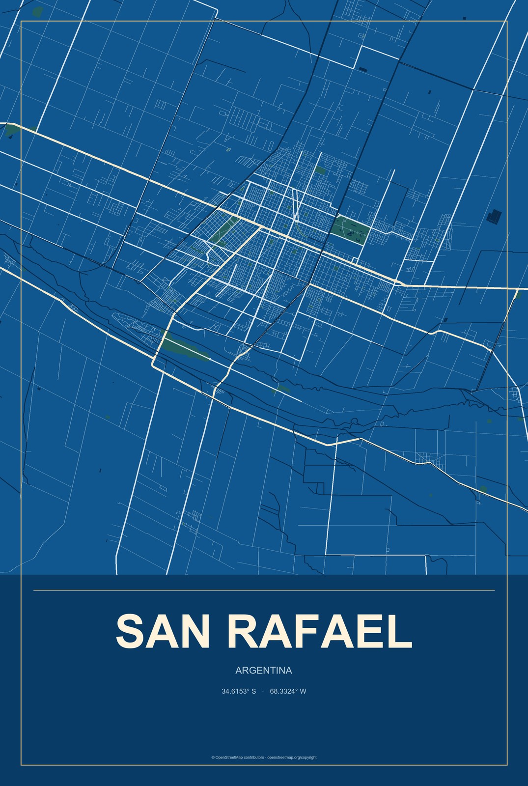 San Rafael, Argentina City Map Aluminum Sign in Harbor Cobalt style