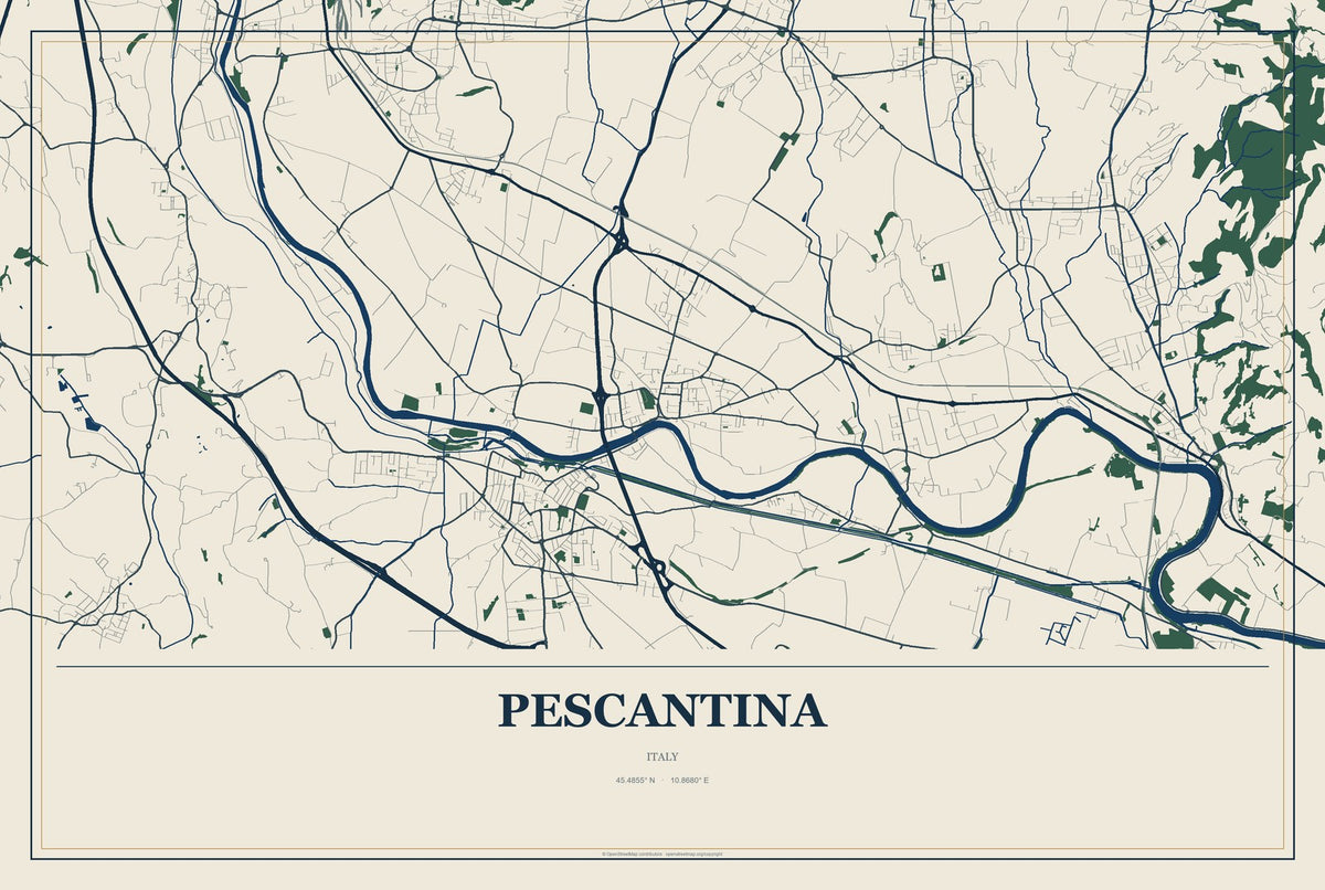 Pescantina, Italy City Map Aluminum Sign in Coastal Cutout style