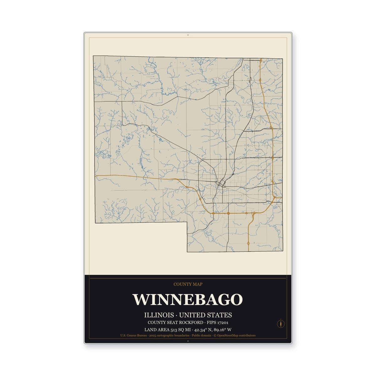 Winnebago County, Illinois Map Aluminum Sign in Museum Plaque style