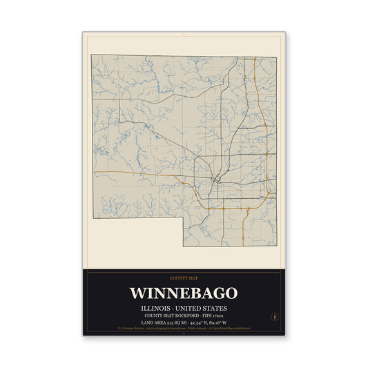 Winnebago County, Illinois Map Aluminum Sign in Museum Plaque style