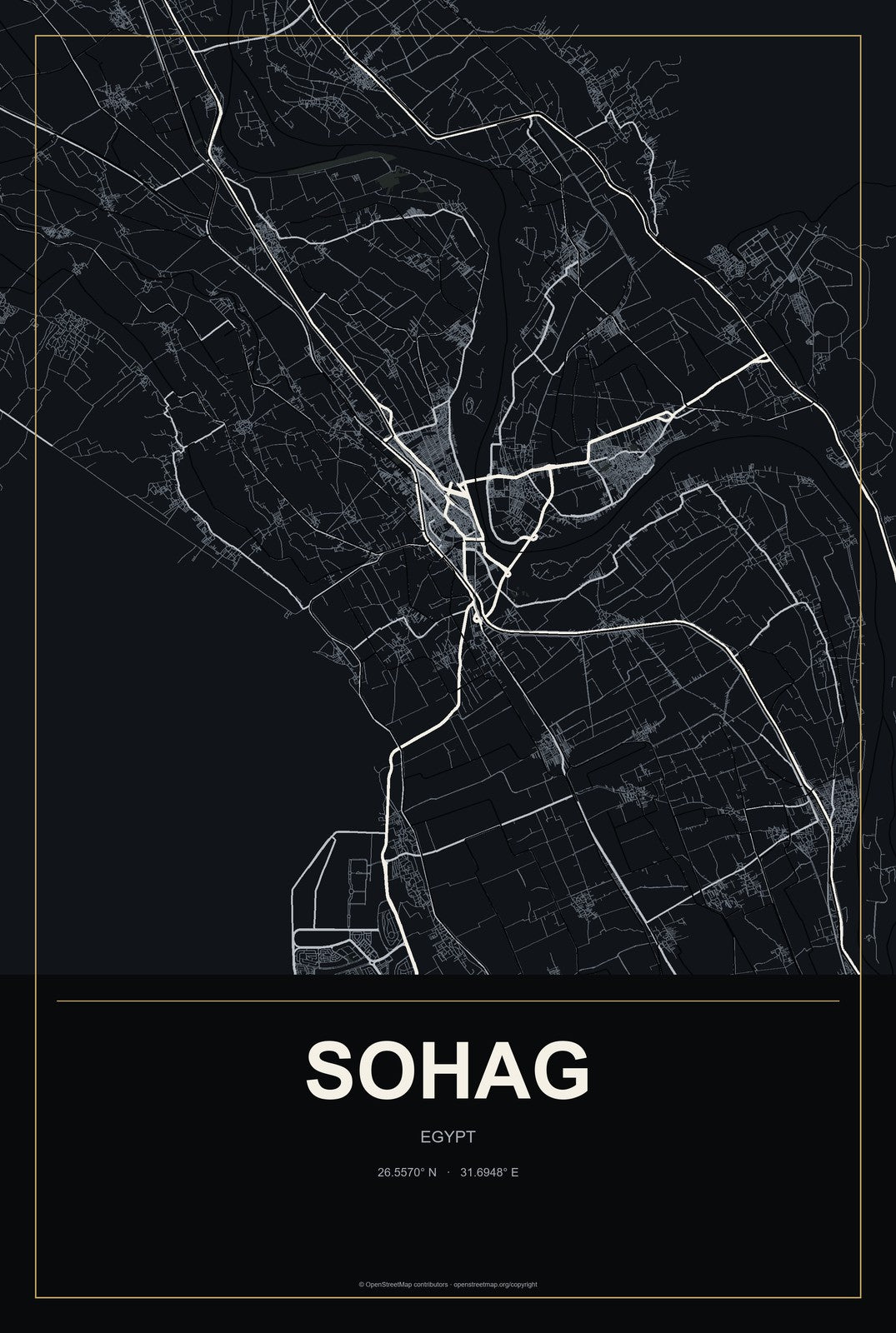 Sohag, Egypt City Map Aluminum Sign in Metropolitan Noir style