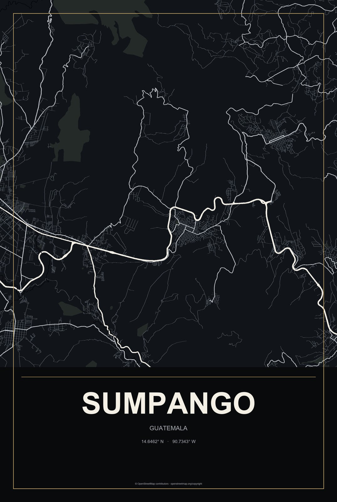 Sumpango, Guatemala City Map Aluminum Sign in Metropolitan Noir style