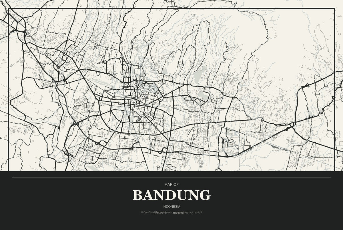 Bandung, Indonesia City Map Aluminum Sign in Museum Plaque style