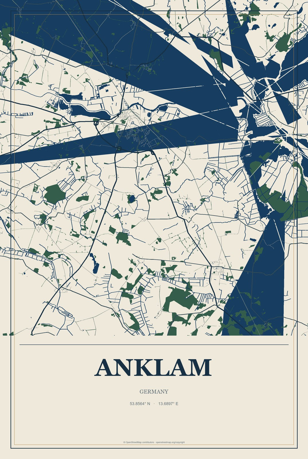 Anklam, Germany City Map Aluminum Sign in Coastal Cutout style