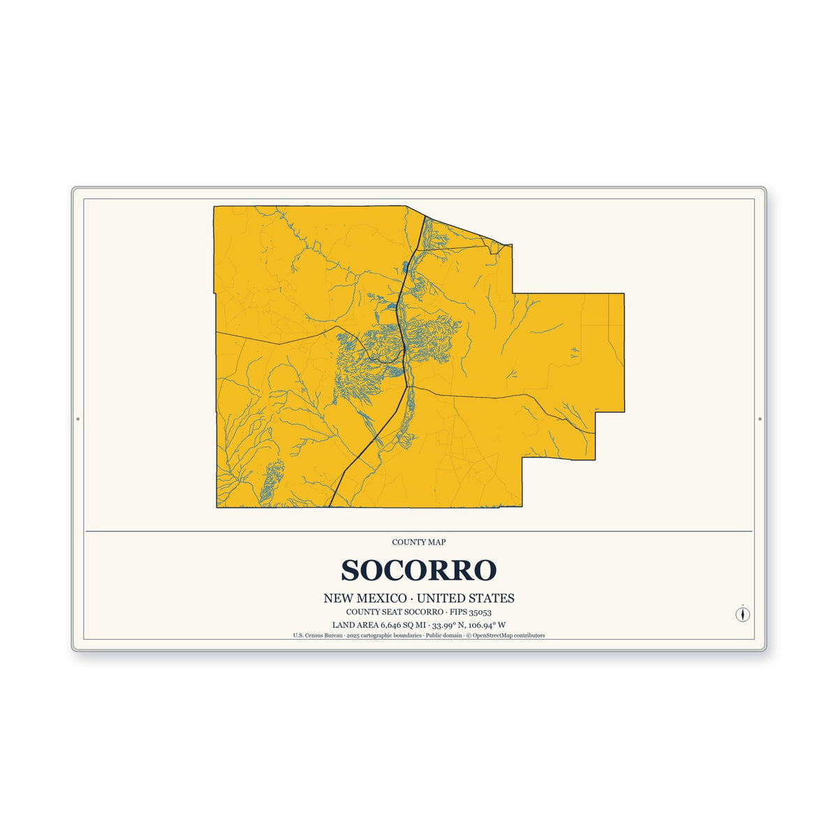 Socorro County, New Mexico Map Aluminum Sign in Citrine Modern style