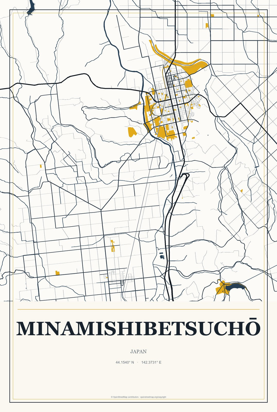 Minamishibetsuchō, Japan City Map Aluminum Sign in Citrine Modern style