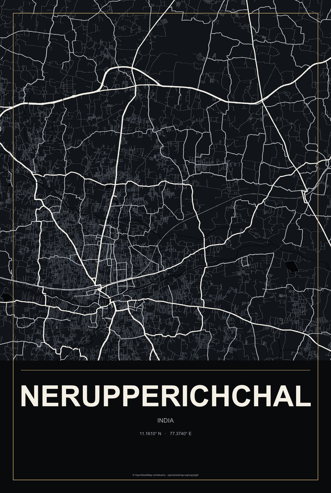 Nerupperichchal, India City Map Aluminum Sign in Metropolitan Noir style