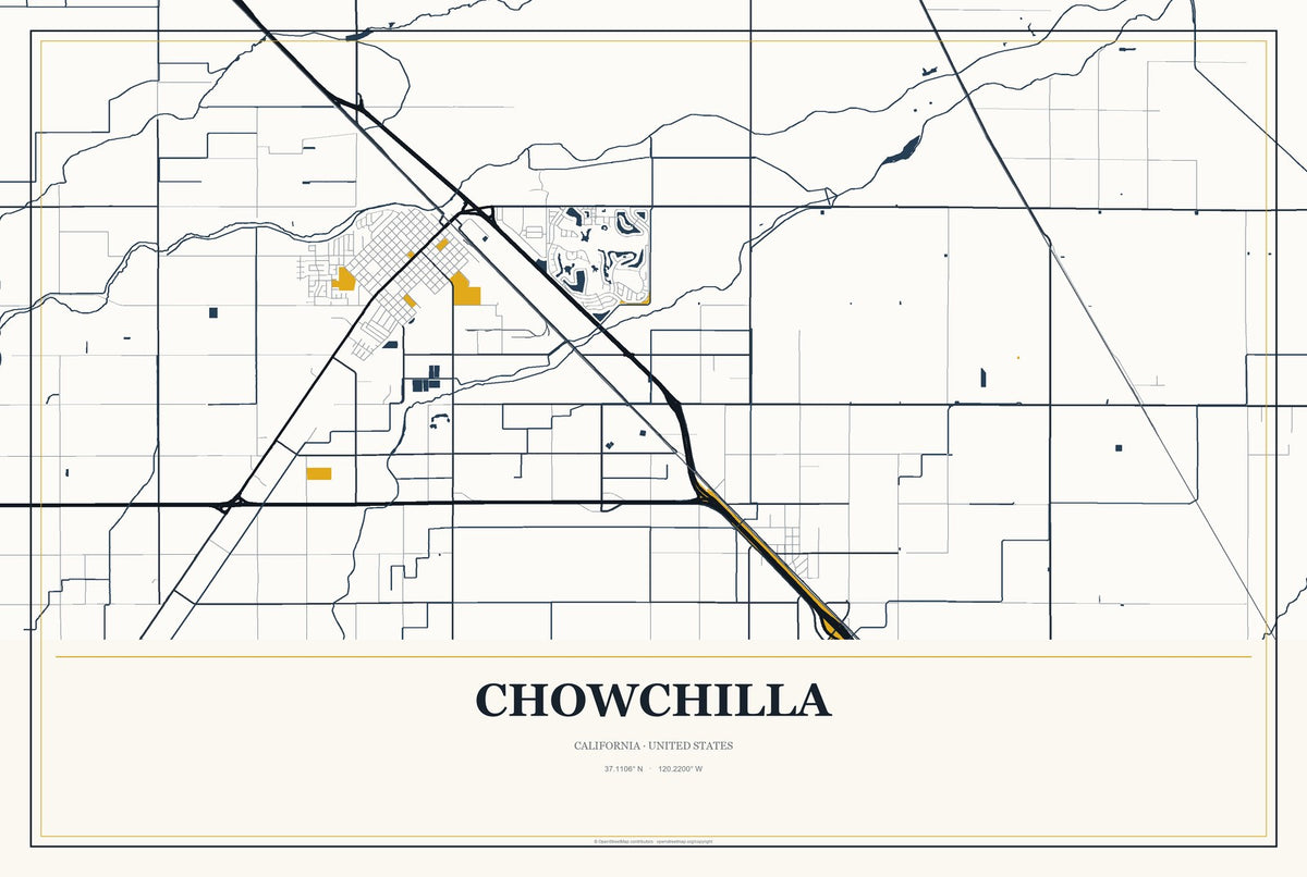 Chowchilla, California City Map Aluminum Sign in Citrine Modern style