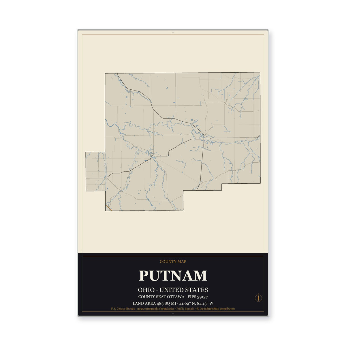 Putnam County, Ohio Map Aluminum Sign in Museum Plaque style
