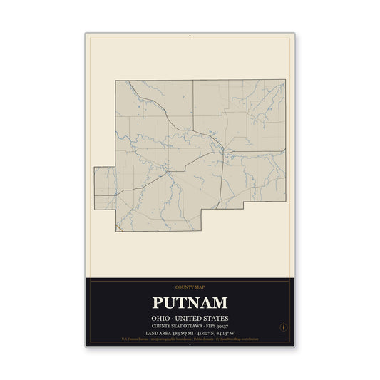 Putnam County, Ohio Map Aluminum Sign in Museum Plaque style