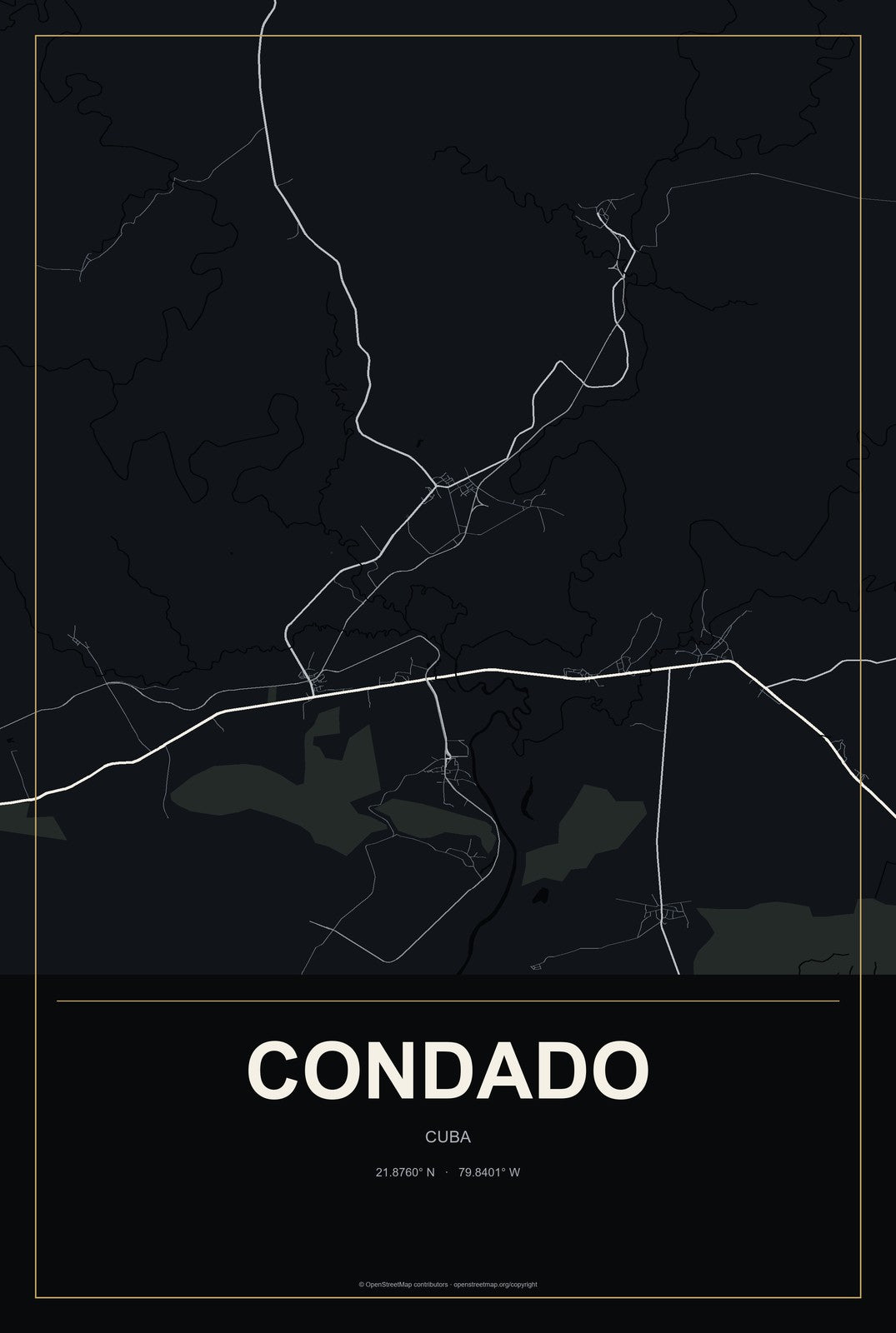Condado, Cuba City Map Aluminum Sign in Metropolitan Noir style