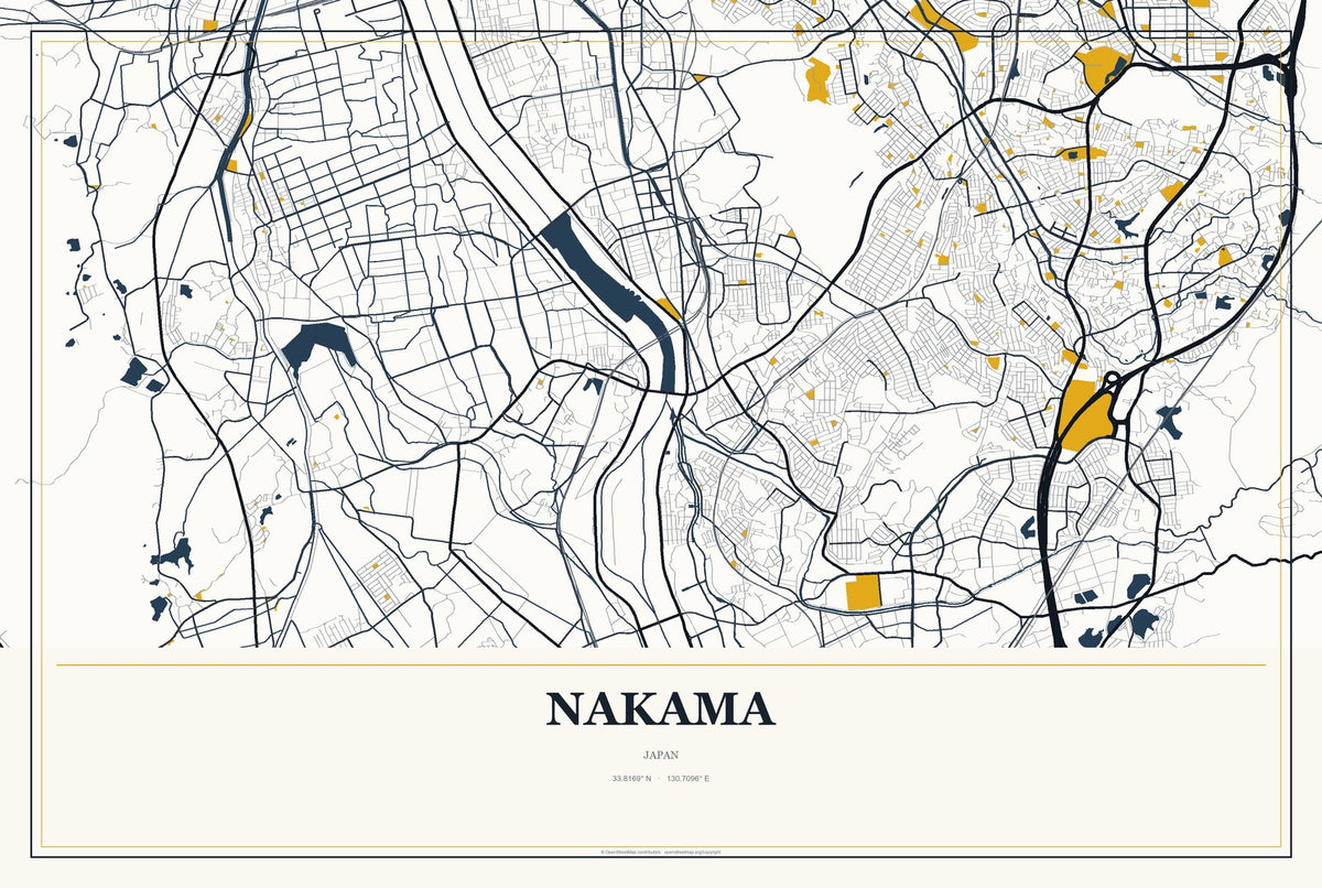 Nakama, Japan City Map Aluminum Sign in Citrine Modern style