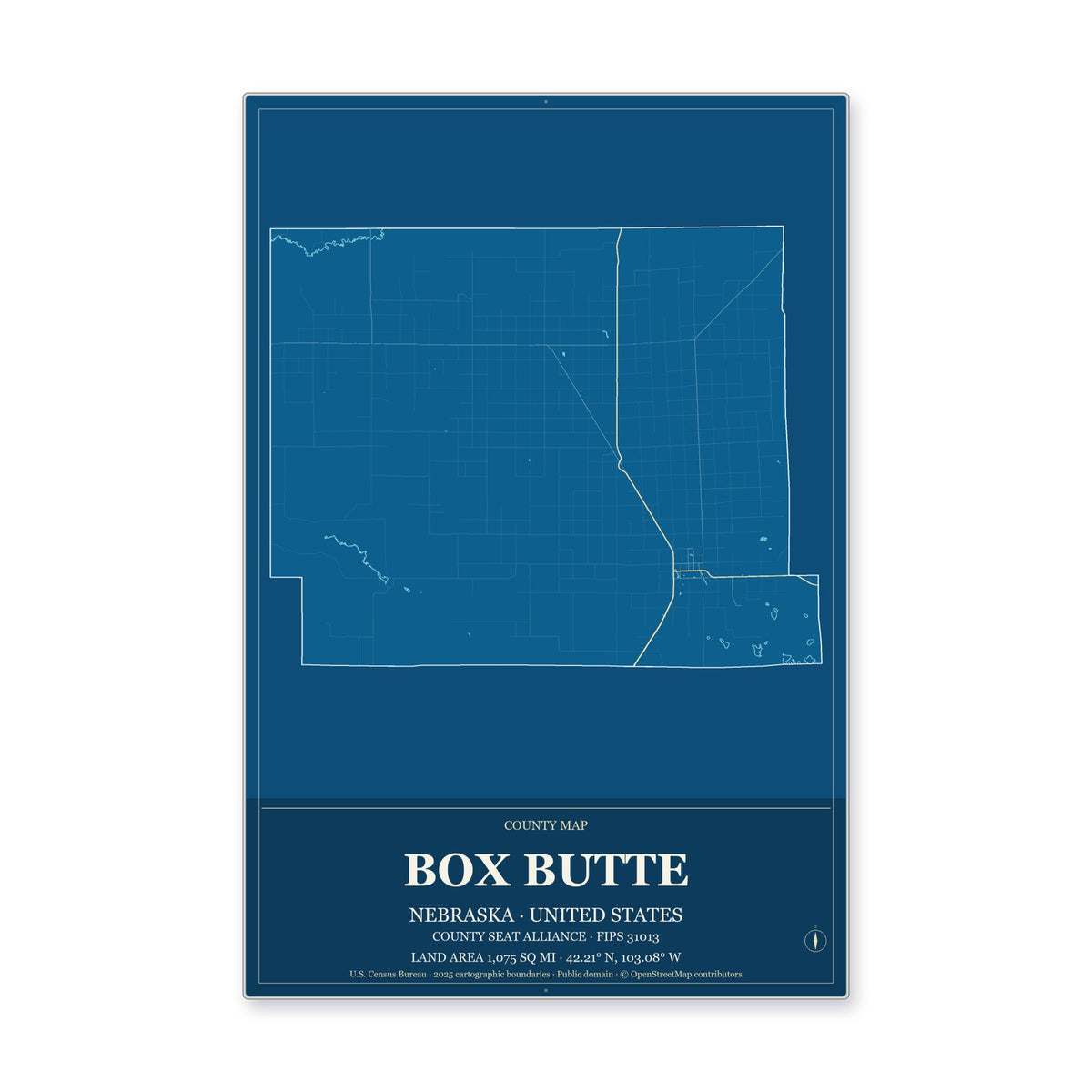Box Butte County, Nebraska Map Aluminum Sign in Harbor Cobalt style