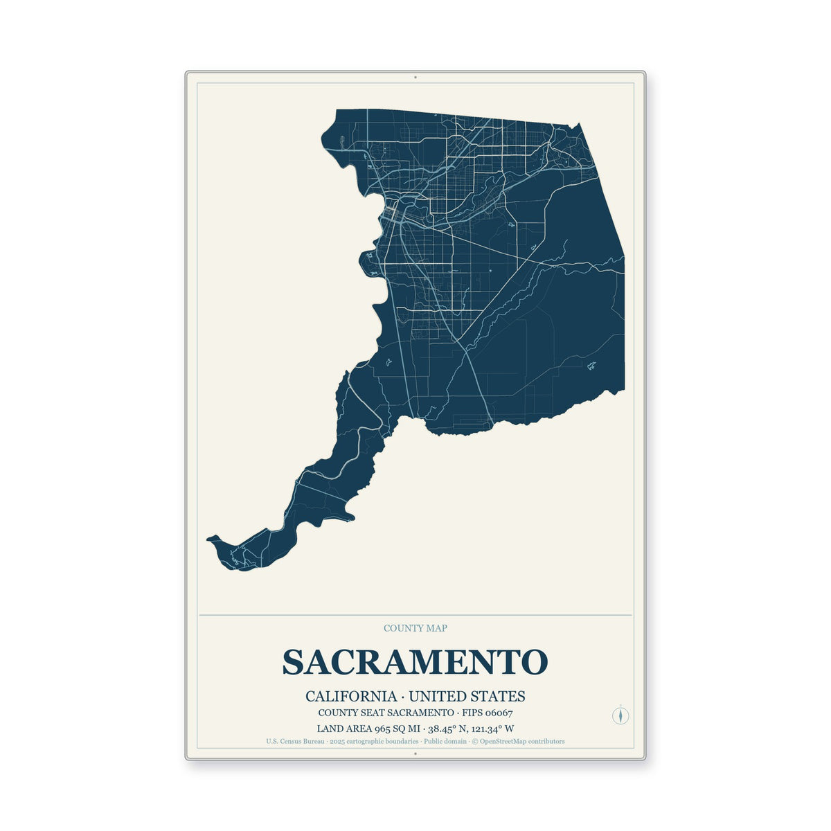 Sacramento County, California Map Aluminum Sign in Coastal Cutout style