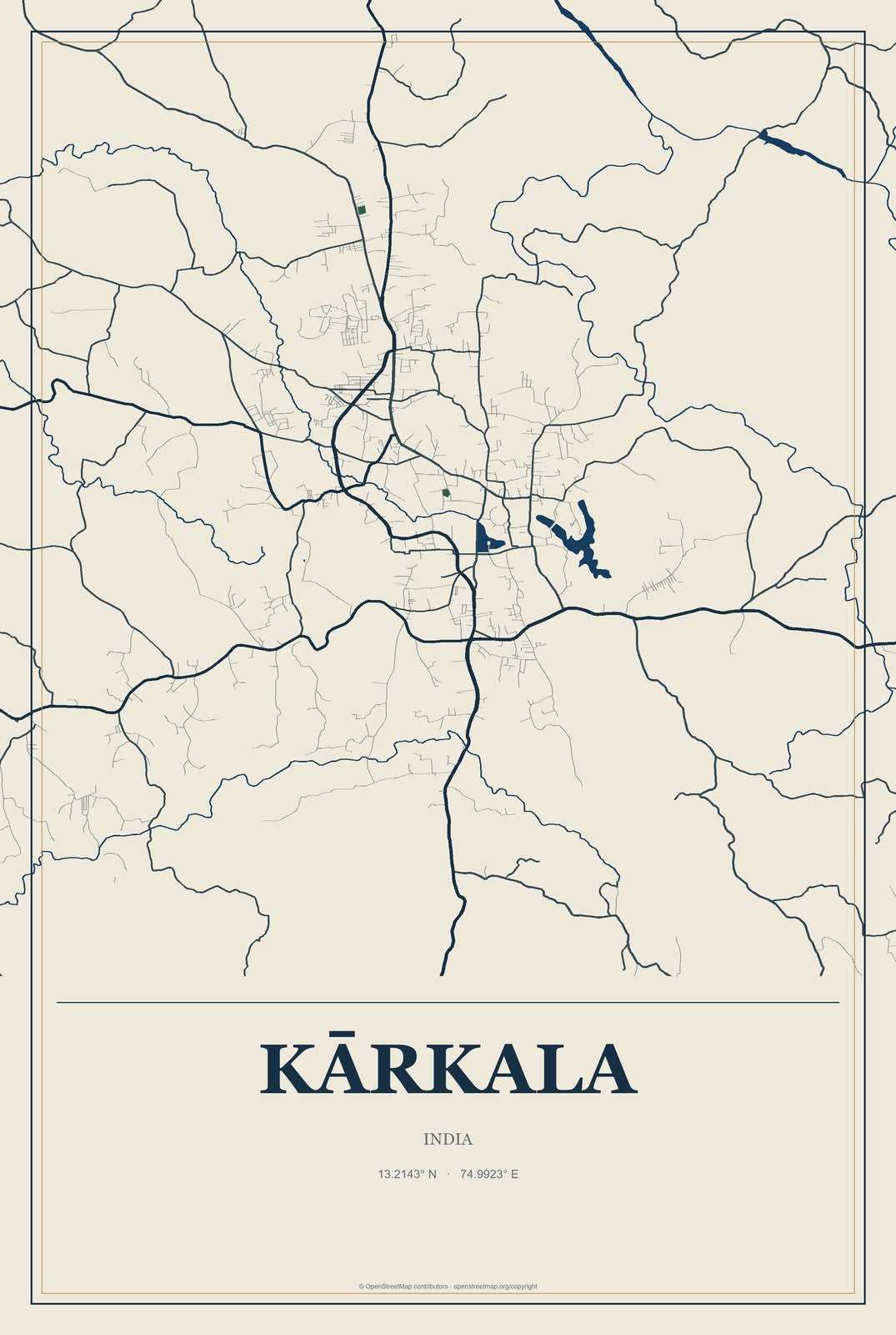 Kārkala, India City Map Aluminum Sign in Coastal Cutout style