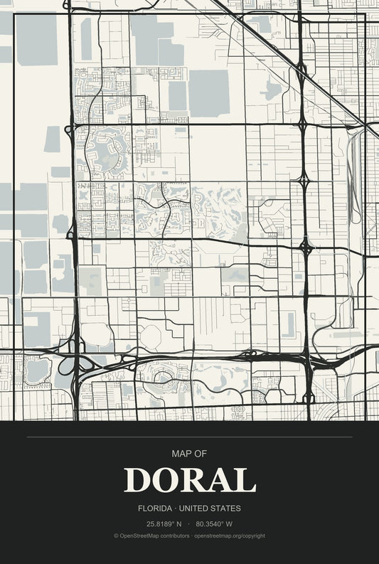 Doral, Florida City Map Aluminum Sign in Museum Plaque style