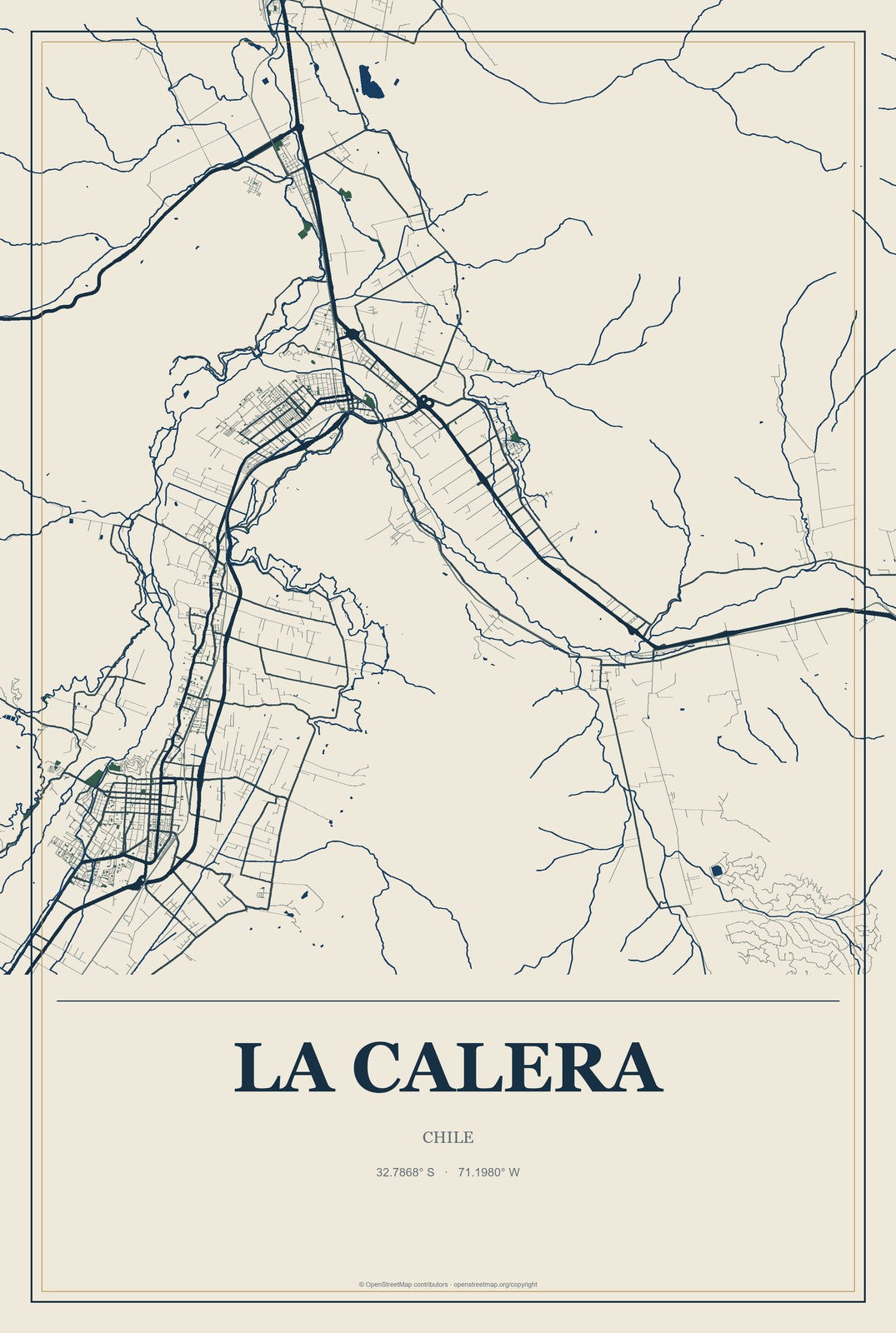 La Calera, Chile City Map Aluminum Sign in Coastal Cutout style