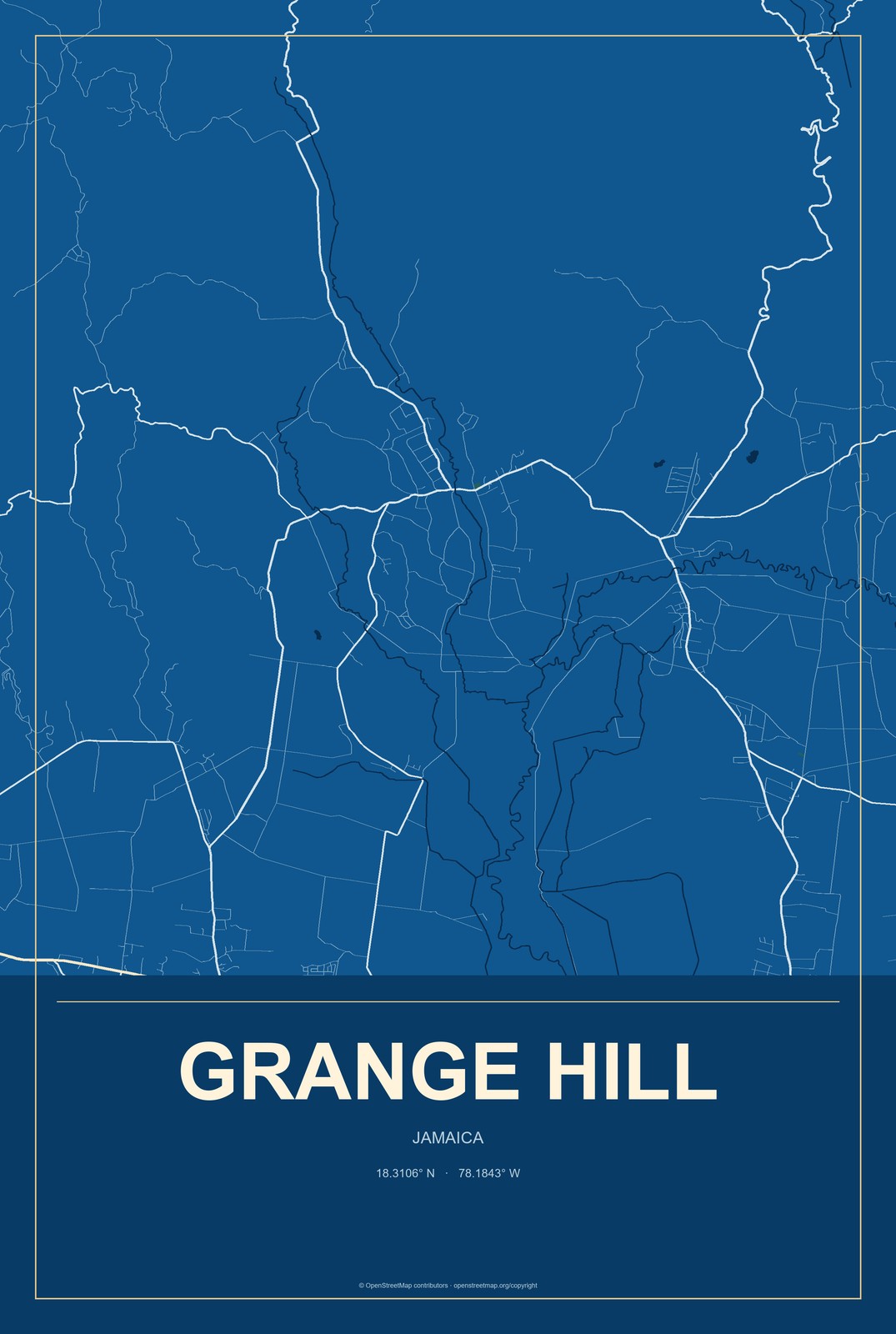 Grange Hill, Jamaica City Map Aluminum Sign in Harbor Cobalt style