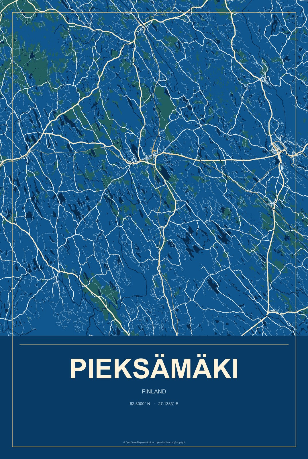 Pieksämäki, Finland City Map Aluminum Sign in Harbor Cobalt style