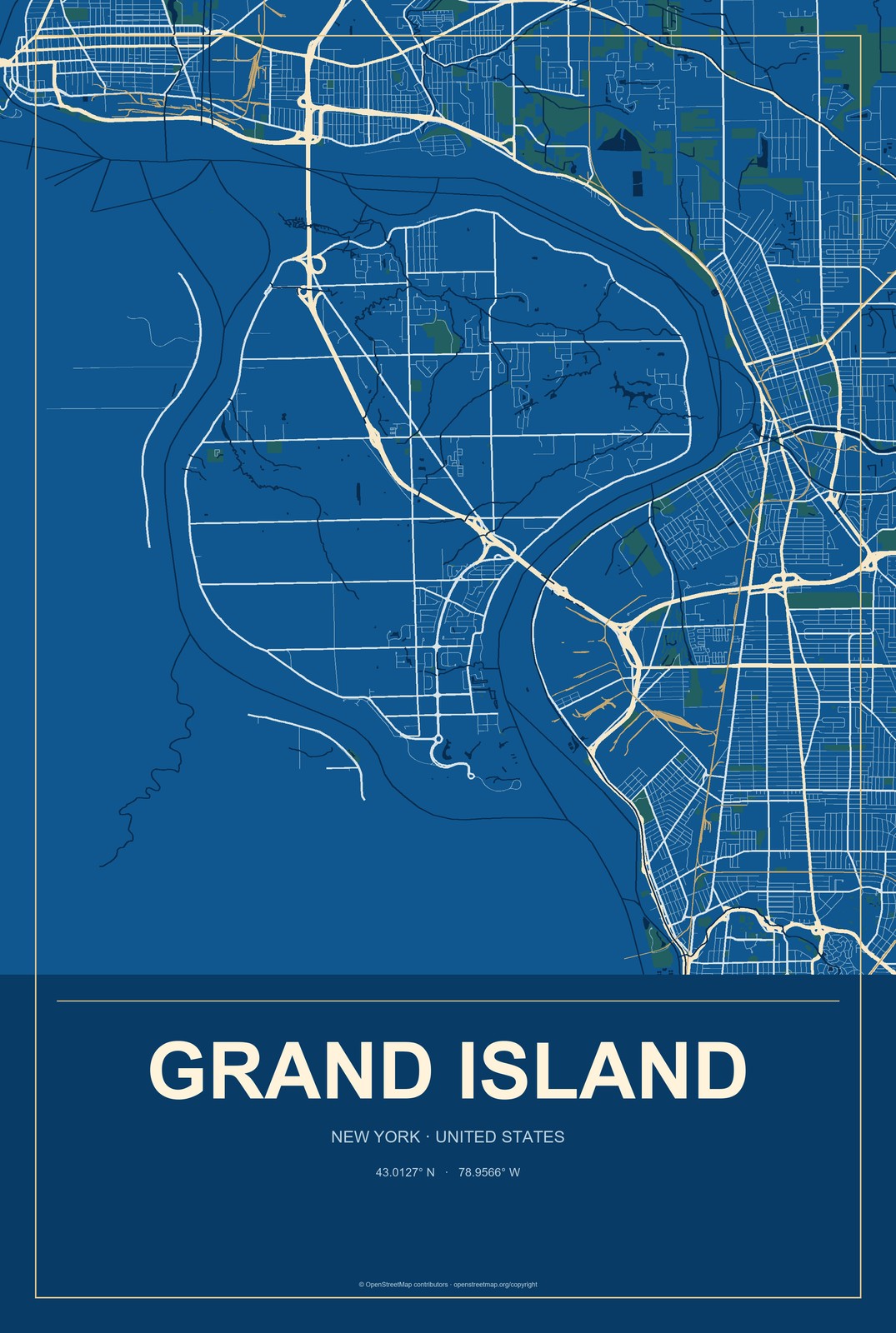 Grand Island, New York City Map Aluminum Sign in Harbor Cobalt style