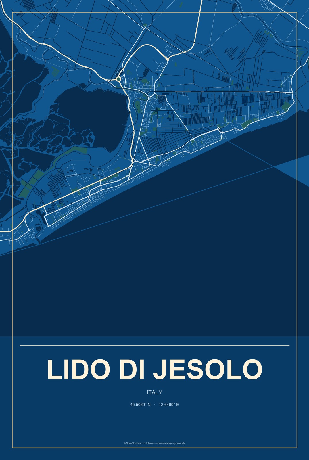 Lido di Jesolo, Italy City Map Aluminum Sign in Harbor Cobalt style