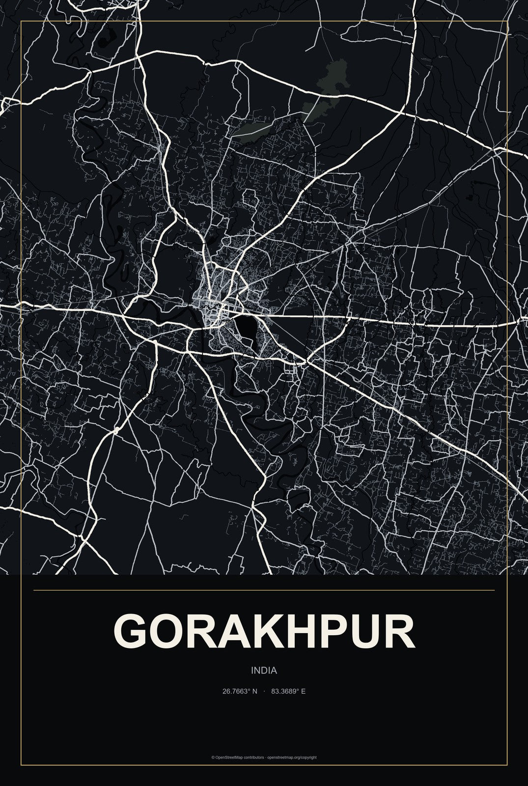 Gorakhpur, Haryana, India City Map Aluminum Sign in Metropolitan Noir style