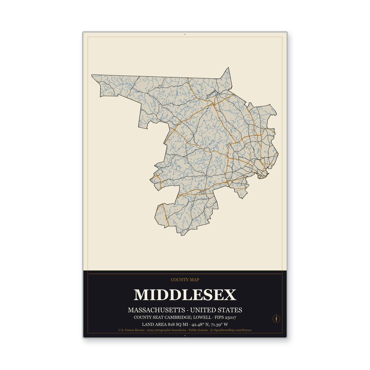 Middlesex County, Massachusetts Map Aluminum Sign in Museum Plaque style