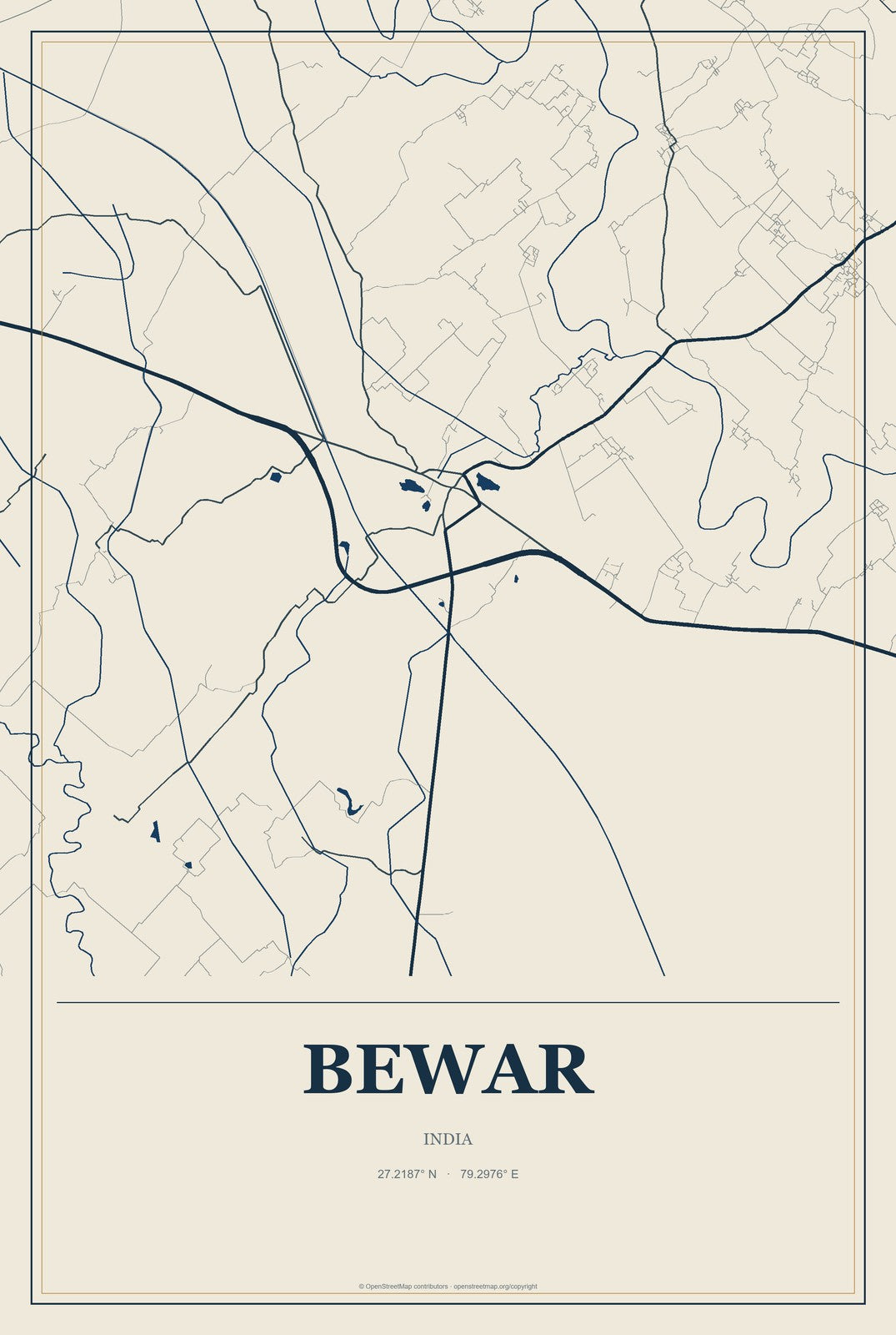 Bewar, India City Map Aluminum Sign in Coastal Cutout style