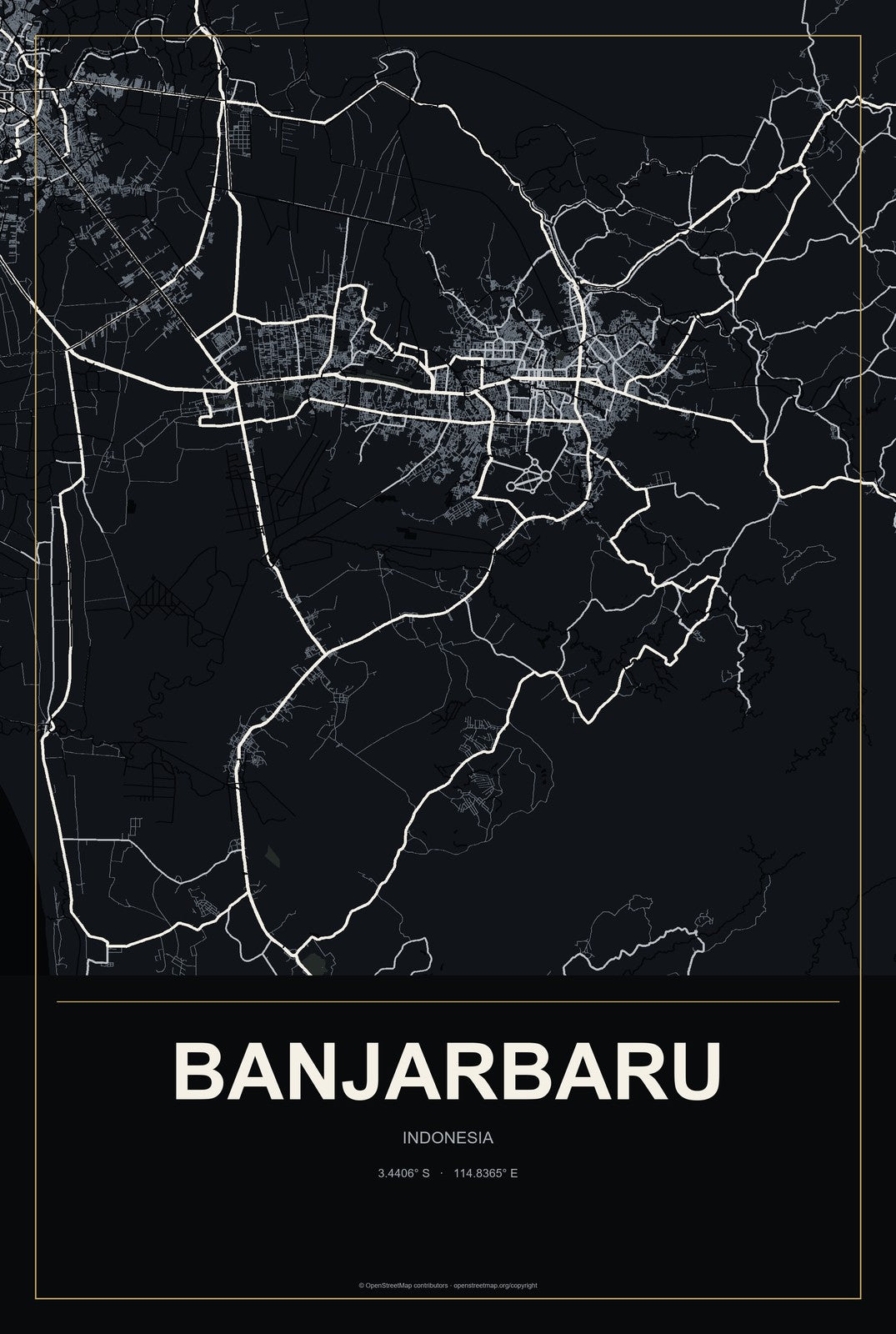 Banjarbaru, Indonesia City Map Aluminum Sign in Metropolitan Noir style