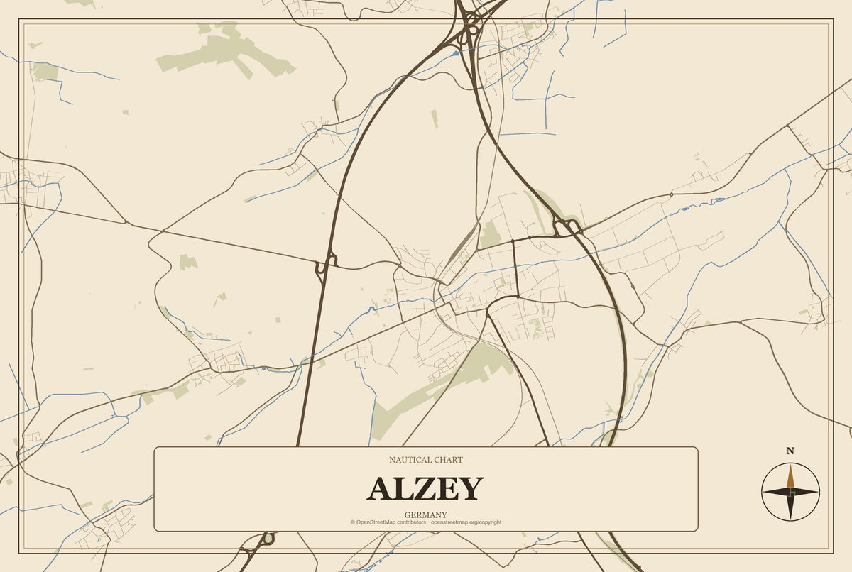 Alzey, Germany City Map Aluminum Sign in Heritage Nautical style