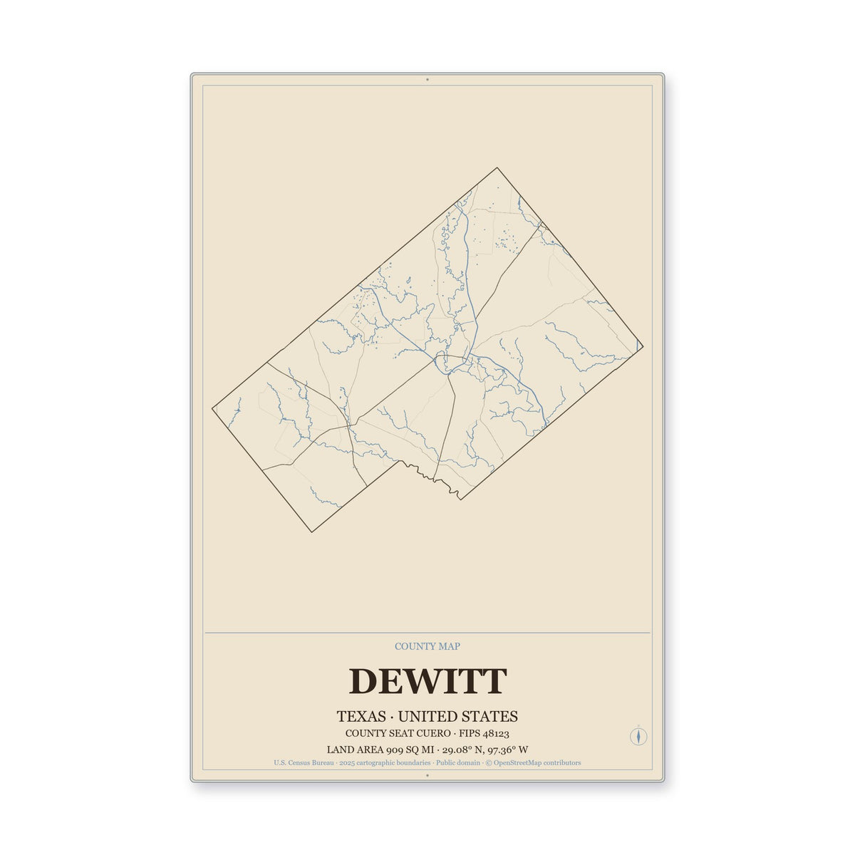 DeWitt County, Texas Map Aluminum Sign in Heritage Nautical style