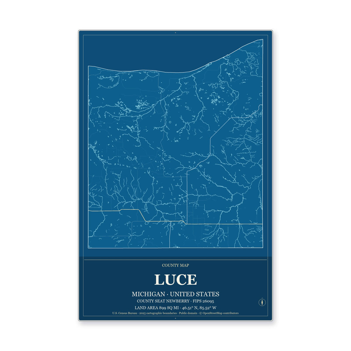 Luce County, Michigan Map Aluminum Sign in Harbor Cobalt style