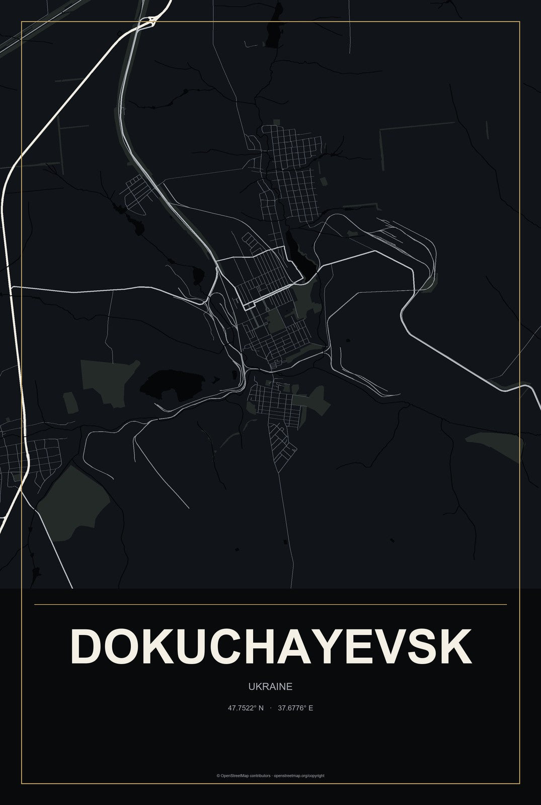 Dokuchayevsk, Ukraine City Map Aluminum Sign in Metropolitan Noir style