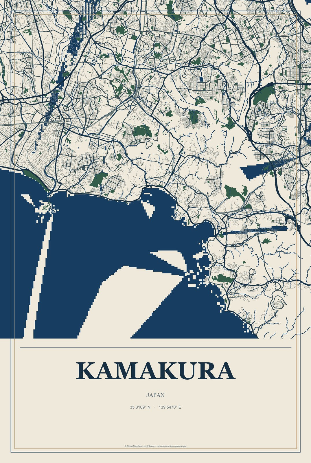Kamakura, Japan City Map Aluminum Sign in Coastal Cutout style