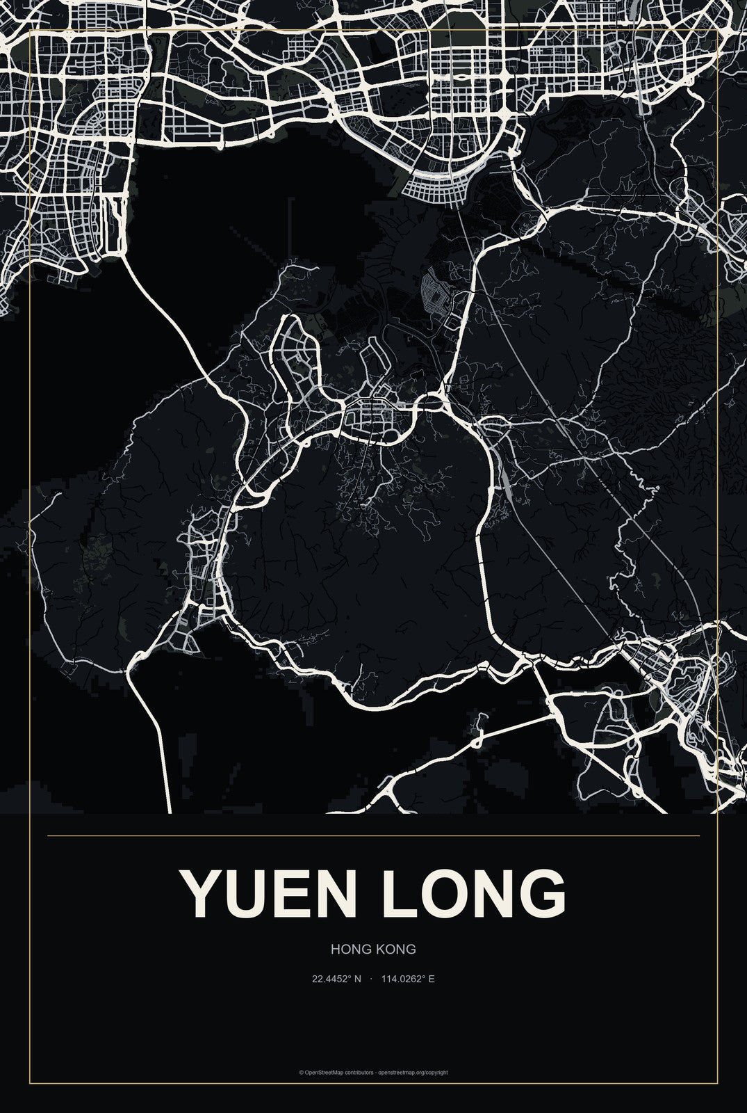 Yuen Long, Hong Kong City Map Aluminum Sign in Metropolitan Noir style