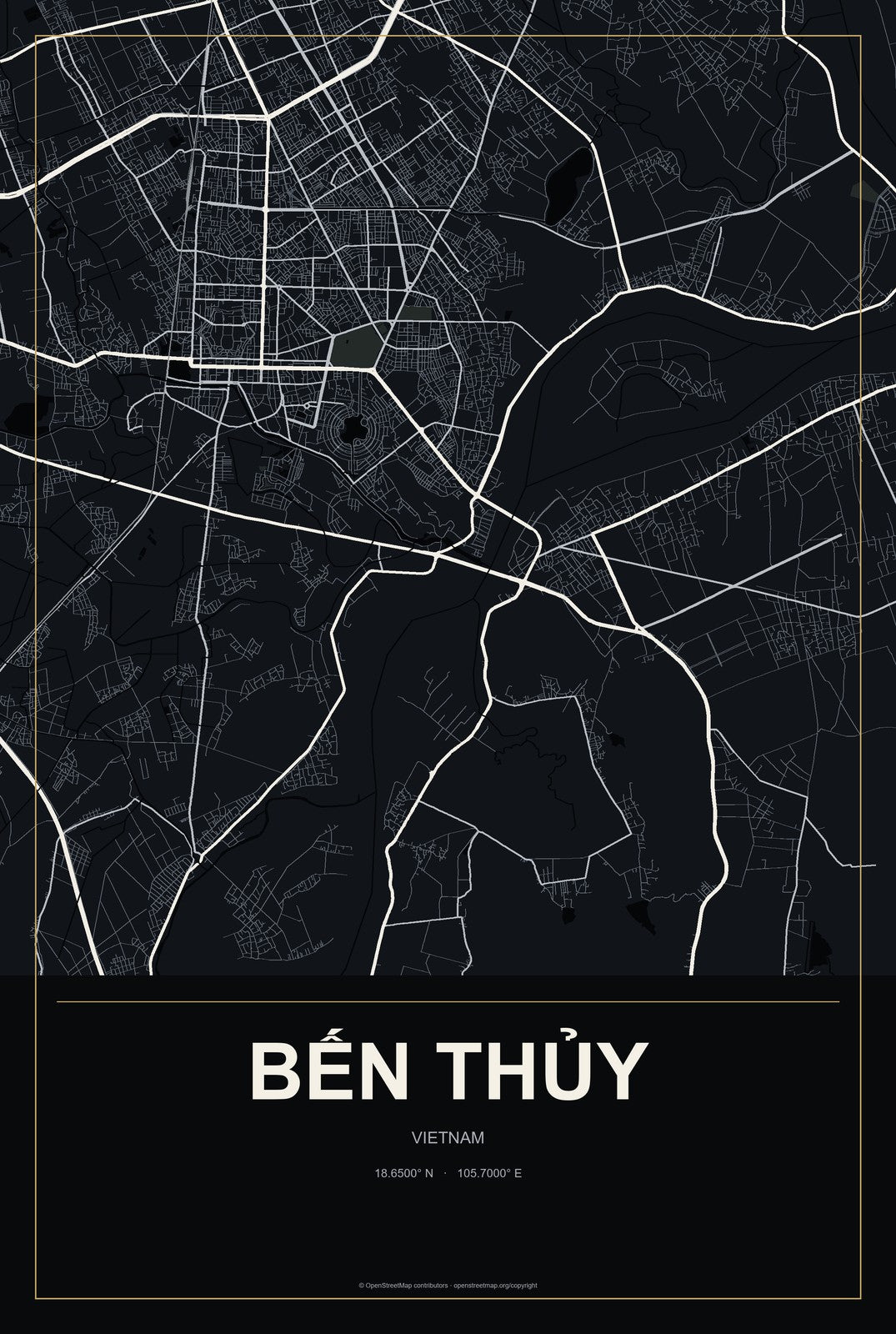 Bến Thủy, Vietnam City Map Aluminum Sign in Metropolitan Noir style