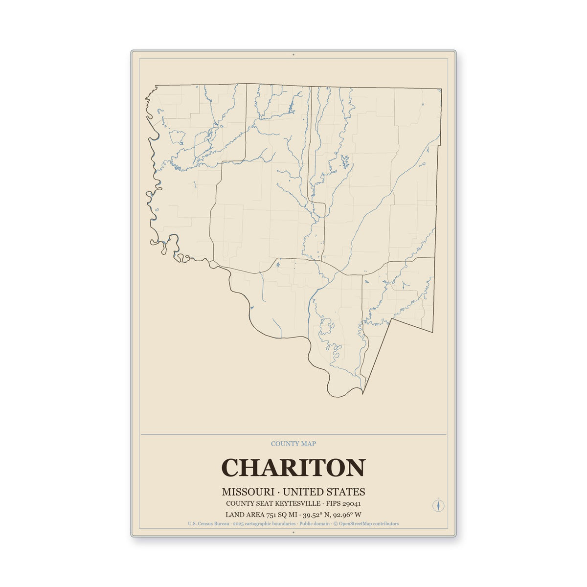 Chariton County, Missouri Map Aluminum Sign in Heritage Nautical style