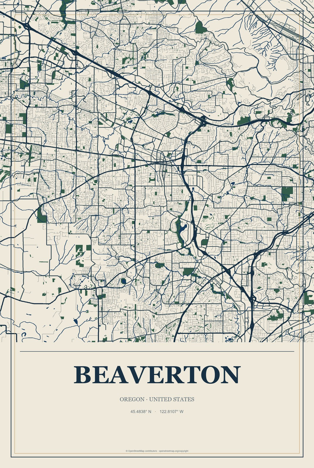 Beaverton, Oregon City Map Aluminum Sign in Coastal Cutout style